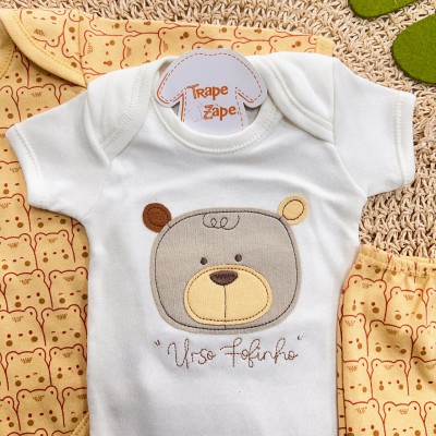 Conj. de Malha 3 peças - Urso Fofinho - Amarelo e Off White Conj. de Malha 3 peças - Urso Fofinho - Amarelo e Off White